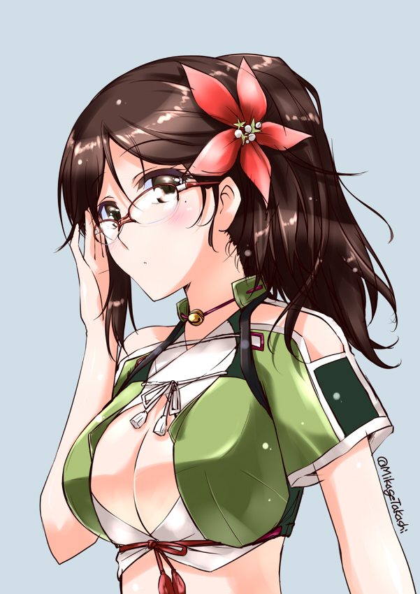 1girl adjusting_glasses amagi_(kantai_collection) arm_at_side bare_shoulders bespectacled blush breasts cleavage cleavage_cutout crop_top glasses kantai_collection large_breasts long_hair midriff mikage_takashi mole mole_under_eye ponytail pouty_lips semi-rimless_glasses shiny shiny_hair upper_body