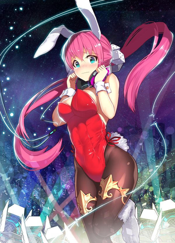 1girl animal_ears aqua_eyes bangs bare_shoulders blush breasts brown_legwear bunny_girl bunny_tail bunnysuit cable city_lights cityscape closed_mouth covered_navel crying crying_with_eyes_open dice_hair_ornament eyebrows_visible_through_hair frown glowing hair_between_eyes hair_cubes hair_ornament hands_up headphones headphones_around_neck large_breasts leg_up leotard light_particles long_hair looking_at_viewer looking_down night night_sky original pantyhose paw_shoes pink_hair rabbit_ears ratio_(ratio-d) red_leotard shiny shiny_hair shoes sky solo spotlight standing standing_on_one_leg star_(sky) starry_sky strapless strapless_leotard tail tears thighlet twintails very_long_hair wrist_cuffs