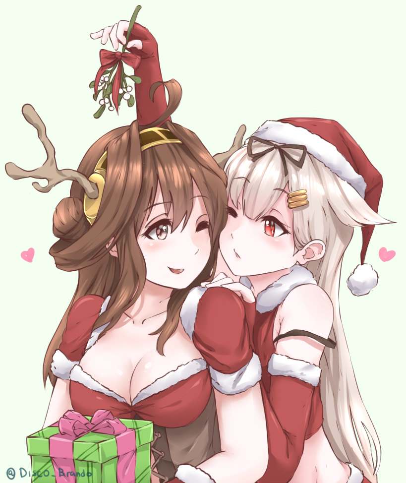 2girls ;d ahoge alternate_costume antlers artist_name bare_shoulders blonde_hair blush box breasts brown_eyes brown_hair christmas cleavage collarbone couple disco_brando elbow_gloves eye_contact female fingerless_gloves gift gift_box gloves hair_bun hair_flaps hair_ornament hair_ribbon hairclip hat heart highres kantai_collection kongou_(kantai_collection) large_breasts long_hair looking_at_another looking_back midriff mistletoe multiple_girls mutual_yuri one_eye_closed open_mouth red_eyes red_gloves ribbon santa_costume santa_hat smile strap_slip twitter_username upper_body wince wink yuri yuudachi_(kantai_collection)