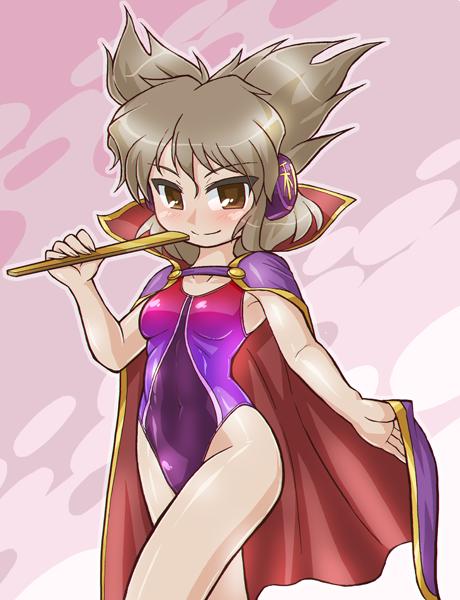 1girl blush brown_eyes brown_hair cape capelet commentary_request competition_swimsuit earmuffs highleg highleg_swimsuit multicolored multicolored_clothes multicolored_swimsuit one-piece_swimsuit ritual_baton shiny shiny_clothes smile solo swimsuit tagme touhou toyosatomimi_no_miko winn