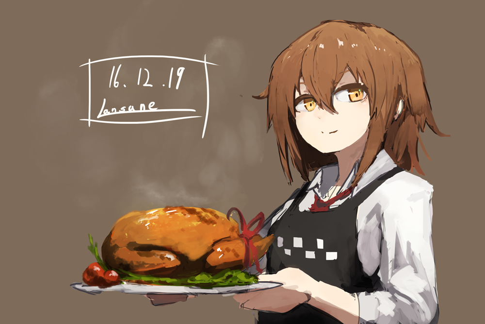 1girl 2016 apron brown_background brown_hair chicken_(food) dated food hair_between_eyes holding holding_plate kantai_collection lansane long_sleeves neckerchief plate shirt short_hair signature smile solo steam tomato translation_request upper_body wakaba_(kantai_collection) white_shirt yellow_eyes