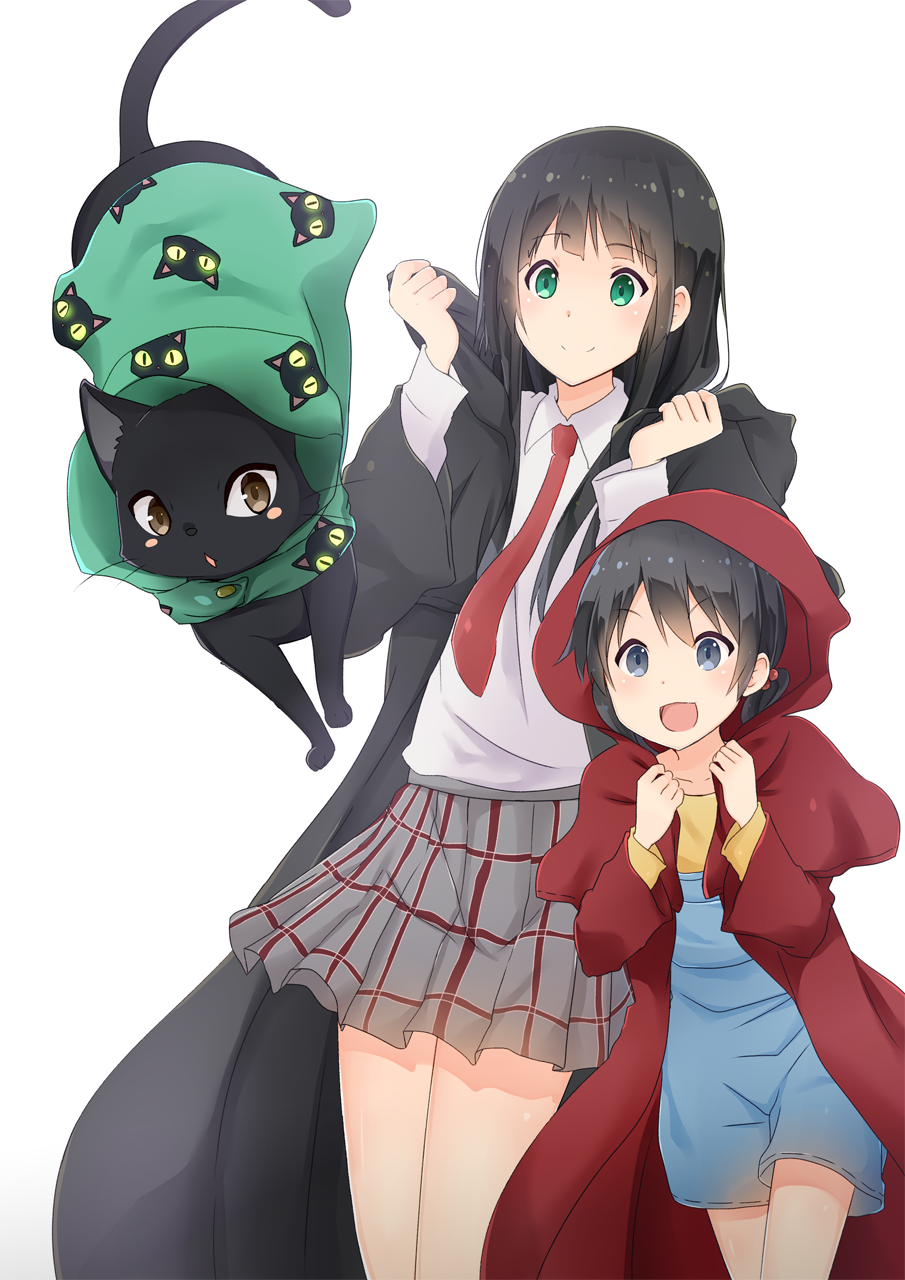 &gt;:d 2girls :d animal_print bangs black_cat black_eyes black_hair blunt_bangs blush blush_stickers cat cat_print chito_(flying_witch) clenched_hands collarbone cowboy_shot flying_witch glowing green_eyes hands_up highres hood komugiko kowata_makoto kuramoto_chinatsu long_hair long_sleeves multiple_girls necktie open_mouth overalls pleated_skirt robe school_uniform short_twintails sidelocks simple_background skirt smile twintails