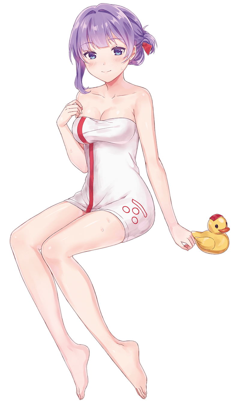 1girl barefoot blue_eyes breasts cleavage full_body highres miyao_jou naked_towel official_art purple_hair rubber_duck shirohime_quest smile solo towel transparent_background updo wet