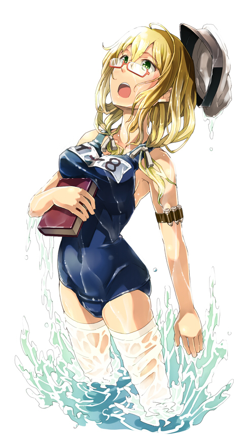 1girl blonde_hair book breasts glasses green_eyes hat i-8_(kantai_collection) kantai_collection low_twintails name_tag one-piece_swimsuit open_mouth peaked_cap red-framed_eyewear sailor_hat sakura_(medilore) school_swimsuit semi-rimless_glasses solo swimsuit swimsuit_under_clothes twintails under-rim_glasses water wet wet_clothes wet_hat wet_swimsuit wet_thighhighs white_legwear