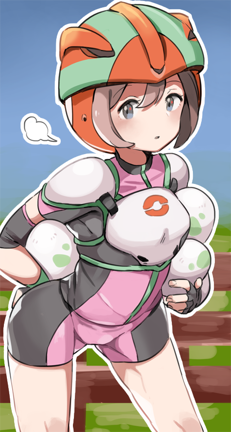 1girl :o armpits ass bangs bike_shorts biker_clothes blue_eyes blue_sky blush breastplate brown_hair egg elbow_pads female_protagonist_(pokemon_sm) fingerless_gloves gloves hair_between_eyes hand_on_hip helmet hips holding_egg legs looking_at_viewer open_mouth pokemon pokemon_(game) pokemon_sm short_hair short_shorts shorts shoulder_pads sigh simple_background skin_tight sky solo spandex thighs toi_(toiot) wide_hips