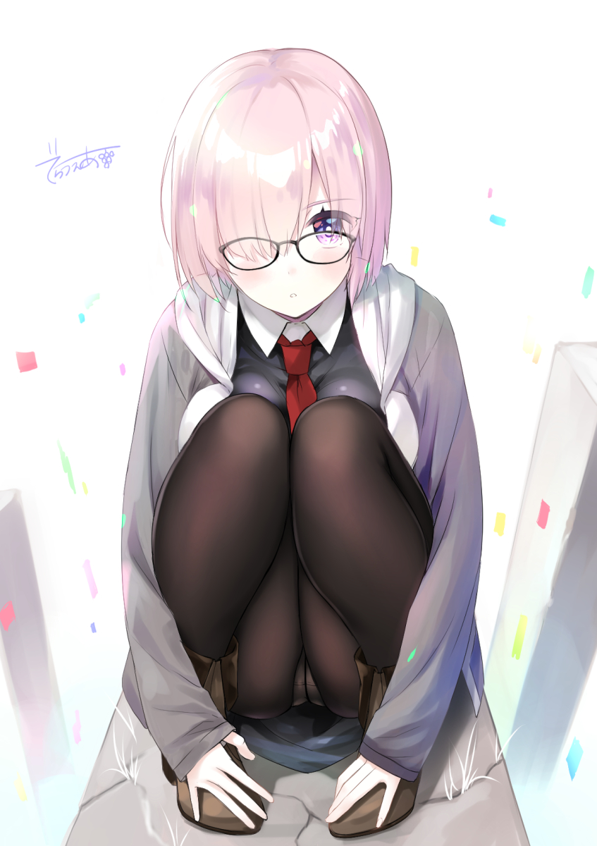 1girl :o ankle_boots black-framed_eyewear blush boots breast_press breasts brown_boots crotch_seam de_ra_u_e_a fate/grand_order fate_(series) full_body grey_jacket hair_over_one_eye highres jacket knees_on_chest knees_together_feet_apart knees_up long_sleeves looking_at_viewer medium_breasts necktie open_clothes open_jacket panties panties_under_pantyhose pantyhose parted_lips pink_hair red_necktie shielder_(fate/grand_order) shiny shiny_hair short_hair signature solo squatting underwear violet_eyes white_panties