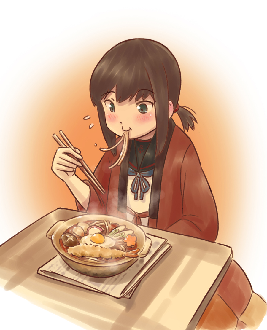 1girl black_hair brown_eyes eating egg food fubuki_(kantai_collection) hanten_(clothes) kantai_collection karasu_(naoshow357) kotatsu low_ponytail newspaper noodles ponytail ramen remodel_(kantai_collection) school_uniform serafuku short_hair short_ponytail sidelocks table tempura