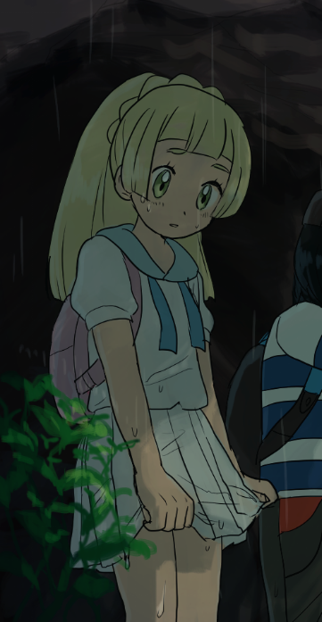 1boy 1girl backpack bag blonde_hair capri_pants doshiko dress green_eyes high_ponytail lillie_(pokemon) looking_down male_protagonist_(pokemon_sm) pants pokemon pokemon_(game) pokemon_sm ponytail rain shirt spoilers striped striped_shirt wet