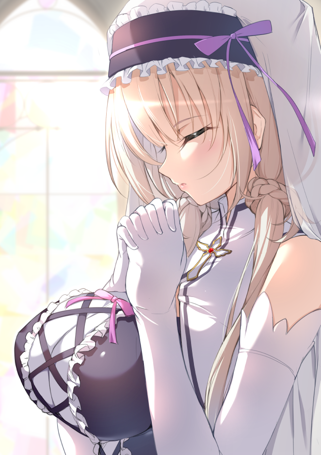 1girl bare_shoulders blonde_hair breasts closed_eyes elbow_gloves gloves large_breasts long_hair minamon_(vittel221) praying solo stained_glass sunlight white_gloves