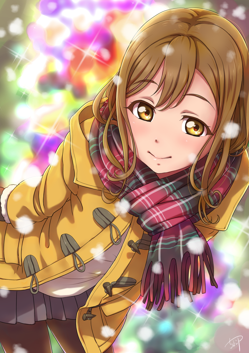 1girl bangs black_legwear blurry_background brown_eyes brown_hair chocokin coat highres kunikida_hanamaru leaning_forward long_hair long_sleeves love_live! love_live!_sunshine!! pantyhose pleated_skirt scarf signature skirt smile snowing solo sparkle winter_clothes