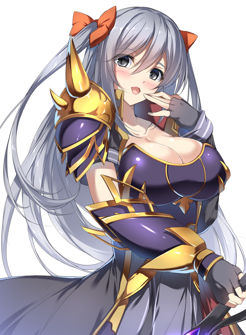 1girl bow breasts cleavage collarbone fingerless_gloves gloves grey_eyes hair_bow large_breasts long_hair looking_at_viewer minamon_(vittel221) parted_lips shoulder_spikes silver_hair simple_background smile solo spikes white_background