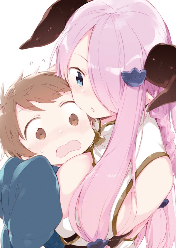 1boy 1girl age_difference age_regression between_breasts blue_eyes blush braid breasts brown_eyes brown_hair chestnut_mouth doraf dress embarrassed flying_sweatdrops fuji-yama full-face_blush gran_(granblue_fantasy) granblue_fantasy hair_ornament horns large_breasts long_hair looking_at_breasts narumeia_(granblue_fantasy) purple_hair simple_background sleeveless sleeveless_dress white_background younger