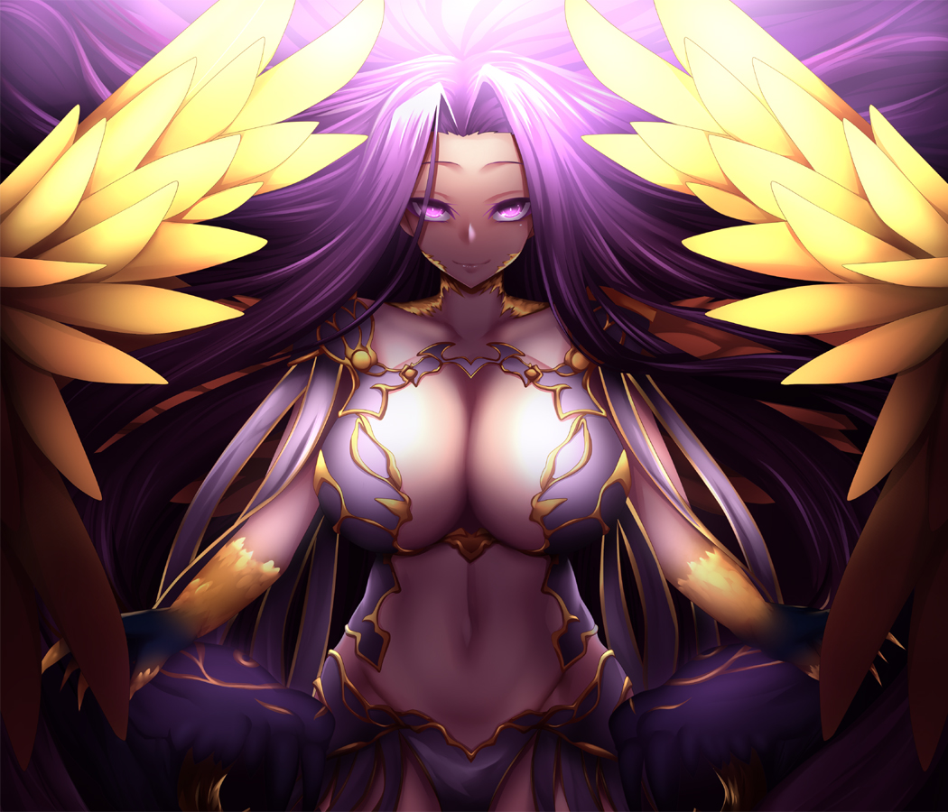 1girl breasts cleavage fate/grand_order fate_(series) fi-san gorgon_(fate) large_breasts long_hair looking_at_viewer navel purple_hair rider scales smile solo very_long_hair violet_eyes wings