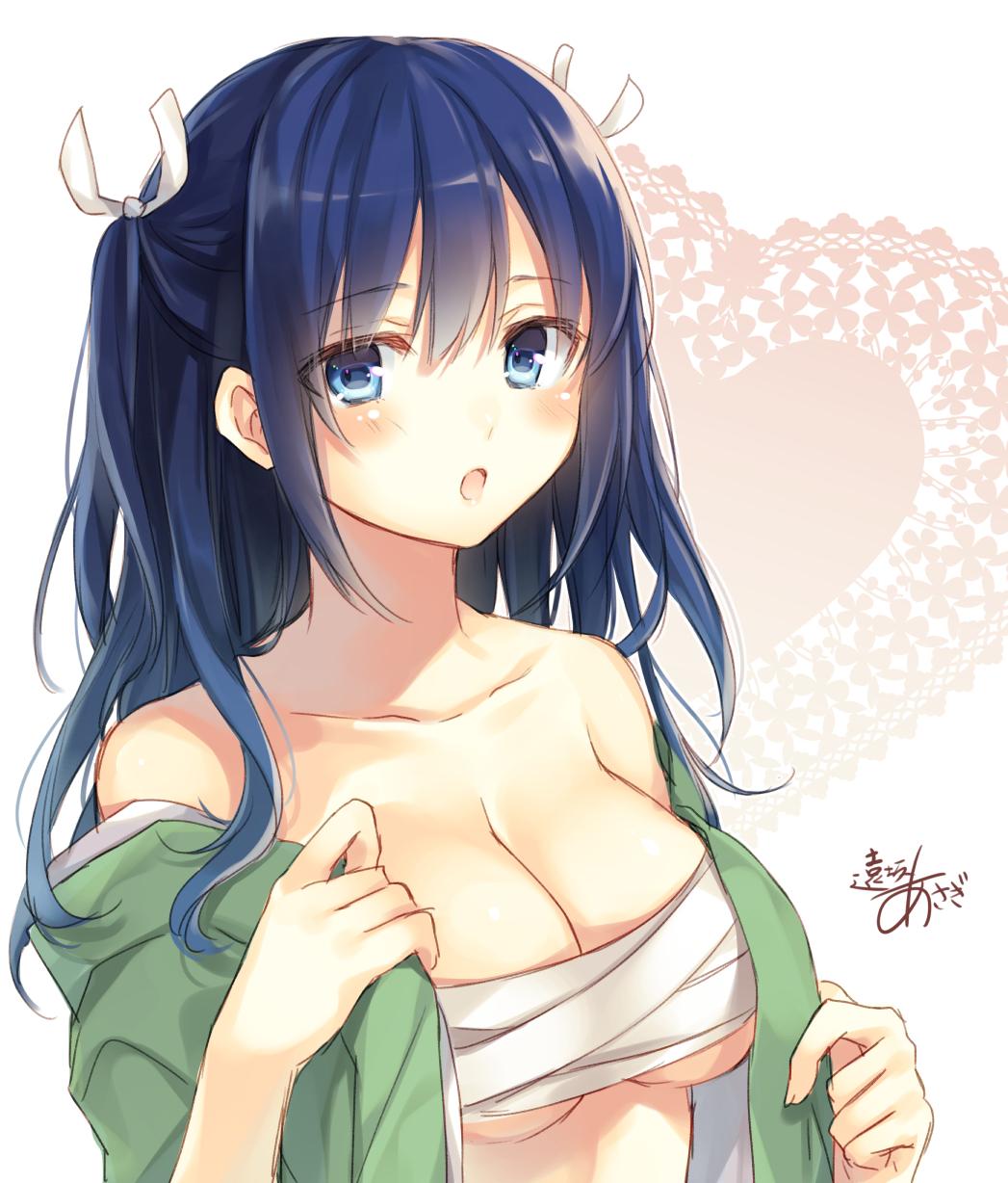 1girl alternate_hairstyle artist_name bare_shoulders blue_eyes blue_hair blush breasts cleavage collarbone highres japanese_clothes jpeg_artifacts kantai_collection large_breasts matching_hair/eyes open_clothes open_mouth sarashi signature solo souryuu_(kantai_collection) toosaka_asagi two_side_up under_boob