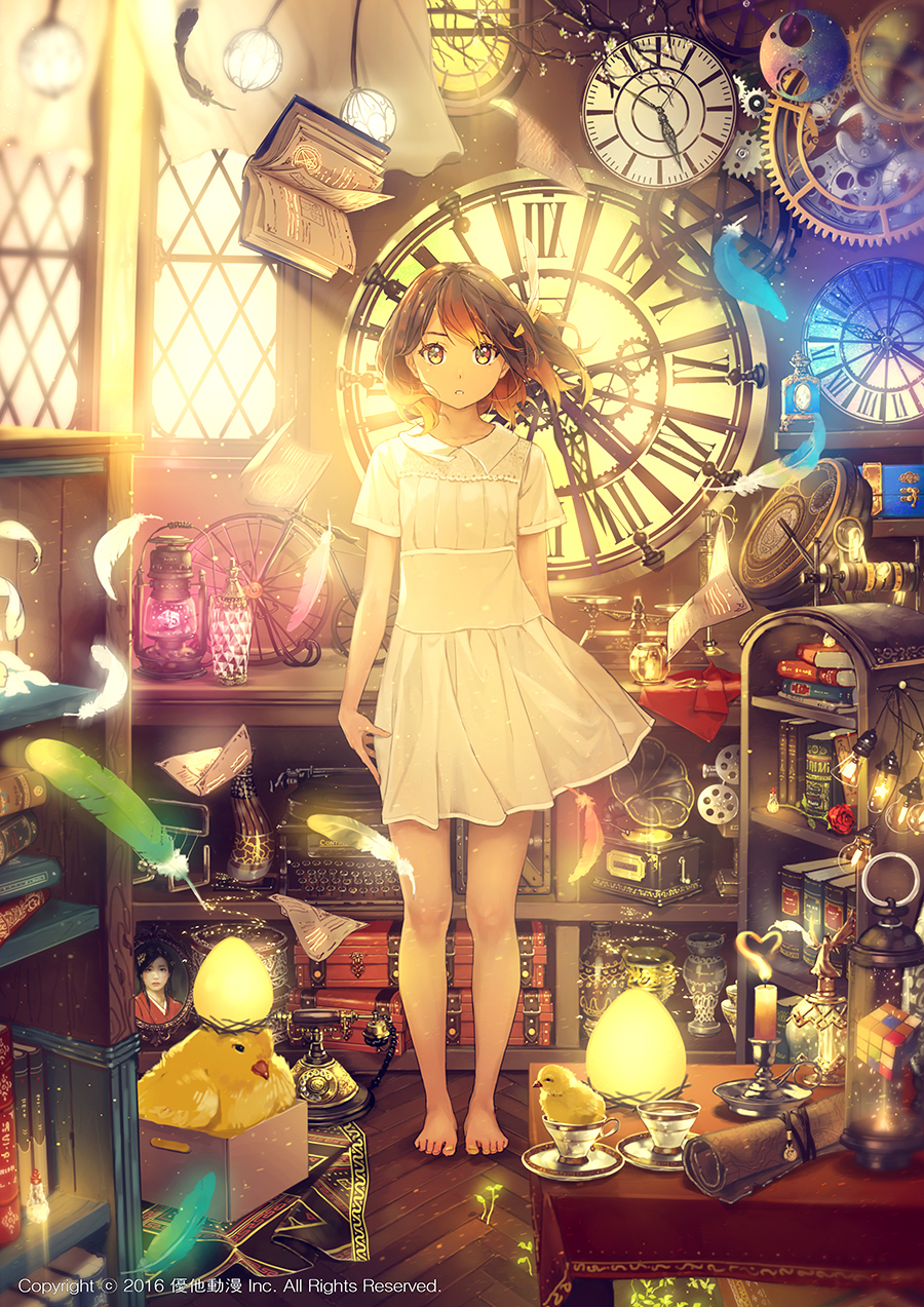 1girl 2016 :o analog_clock angel animal arms_at_sides bare_arms bare_legs barefoot bicycle bird black_hair blue_eyes blurry book book_stack bookshelf bottle box branch brown_eyes cable candlelight candlestand cardboard_box chess_piece chick clock cloth company_name corded_phone cup curtains depth_of_field dress egg feathers flat_chest floating_hair floating_object floor flower flying_paper frame full_body gears gem glass glowing gradient_hair grimoire ground_vehicle hair_feathers heart highres in_container in_cup indoors jewelry kerosene_lamp light_bulb light_particles looking_at_viewer magic magic_circle multicolored_eyes multicolored_hair muta nest object_on_head paper parted_lips pawn pentagram phone phonograph photo_(object) plant plate quill red_eyes red_rose redhead ring roman_numerals rose rotary_phone rubik's_cube rug saucer scroll shelf short_dress short_sleeves smile solo standing star statue suitcase sundress table tablecloth teacup toenails typewriter vase weighing_scale white_dress white_flower wooden_floor yan_xi yellow_eyes yohan12