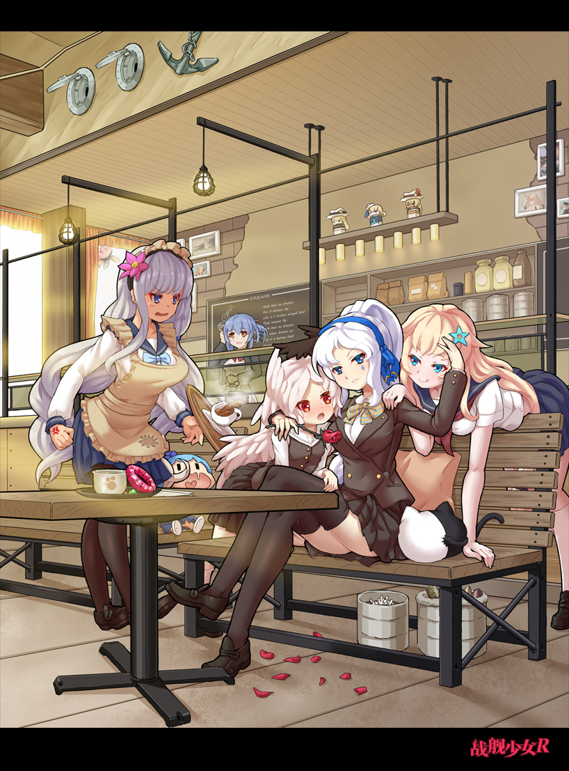6+girls anchor annoyed apron arm_around_shoulder becnh bench black_legwear black_shoes black_skirt blazer blonde_hair blue_hair blue_ribbon blue_skirt blush breasts buttons chibi coffee copyright_name counter cup curtains doughnut dropping enterprise_(zhan_jian_shao_nyu) flower food hair_flower hair_ornament hair_ribbon hand_on_another's_leg helena_(zhan_jian_shao_nyu) holding holding_flower indoors jacket leaning_forward leaning_over legs_crossed letterboxed long_hair long_sleeves looking_at_another maid_headdress multiple_girls nevada_(zhan_jian_shao_nyu) north_carolina_(zhan_jian_shao_nyu) oklahoma_(zhan_jian_shao_nyu) omaha_(zhan_jian_shao_nyu) open_mouth orange_eyes pantyhose petals picture_(object) pleated_skirt ponytail porthole quincy_(zhan_jian_shao_nyu) red_eyes red_rose ribbon rose sailor_collar sailor_shirt shelf shirt shoes shop short_sleeves silver_hair sirills sitting_on_bench skirt south_dakota_(zhan_jian_shao_nyu) table tied_hair tray very_long_hair washington_(zhan_jian_shao_nyu) wavy_hair white_legwear white_shirt window zhan_jian_shao_nyu
