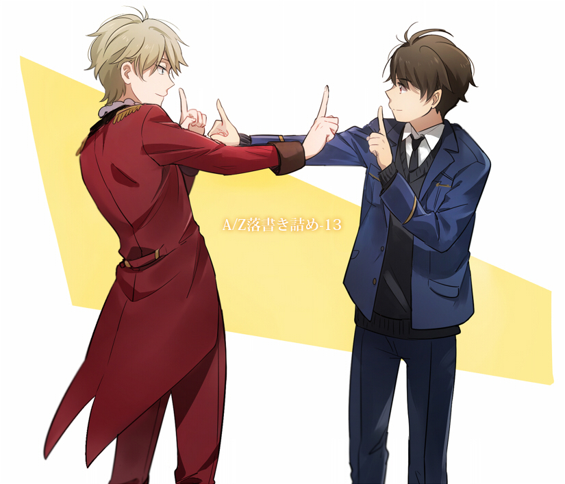 2boys aki_(neyuki41028) aldnoah.zero bangs black_necktie black_sweater blue_jacket blue_pants brown_eyes brown_hair closed_mouth collared_shirt dancing epaulettes eye_contact formal from_side index_finger_raised jacket kaizuka_inaho koi_dance light_brown_hair long_sleeves looking_at_another male_focus military military_uniform multiple_boys necktie number open_clothes open_jacket outstretched_arm pants parody pocket profile red_jacket shirt slaine_troyard smile standing sweater tailcoat uniform white_background white_shirt