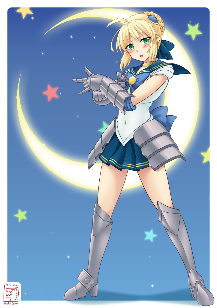 2016 ahoge bishoujo_senshi_sailor_moon blonde_hair blue_background blue_bow blue_skirt blush boots bow braid brooch choker cosplay crescent_moon dated embarrassed fate/stay_night fate_(series) faulds french_braid green_eyes hair_ornament jewelry knee_boots looking_at_viewer magical_girl metal_boots metal_gloves moon open_mouth parody pleated_skirt saber sailor_senshi sailor_senshi_(cosplay) short_hair signature skirt star thealagator tsuki_ni_kawatte_oshioki_yo