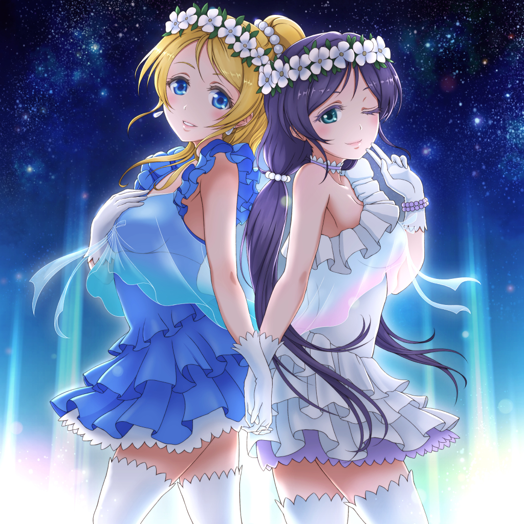 2girls ayase_eli back-to-back bare_shoulders black_hair blonde_hair blue_dress blue_eyes breasts choker collarbone dress earrings frilled_dress frills gloves green_eyes hand_holding head_wreath high_ponytail interlocked_fingers jewelry layered_dress long_hair looking_at_viewer love_live! love_live!_school_idol_project medium_breasts multiple_girls one_eye_closed rymerge see-through sideboob sleeveless sleeveless_dress thigh-highs toujou_nozomi twintails white_dress white_gloves white_legwear yume_no_tobira