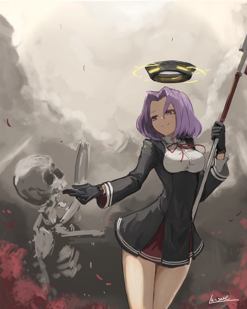 1girl bangs black_dress black_gloves bone bow bowl_cut breasts clouds cloudy_sky dress glaive gloves hair_intakes holding holding_weapon kantai_collection lansane long_sleeves mechanical_halo medium_breasts outdoors outstretched_hand parted_bangs purple_hair ribs short_dress short_hair signature skeleton skull sky smile solo tatsuta_(kantai_collection) teeth underbust violet_eyes weapon