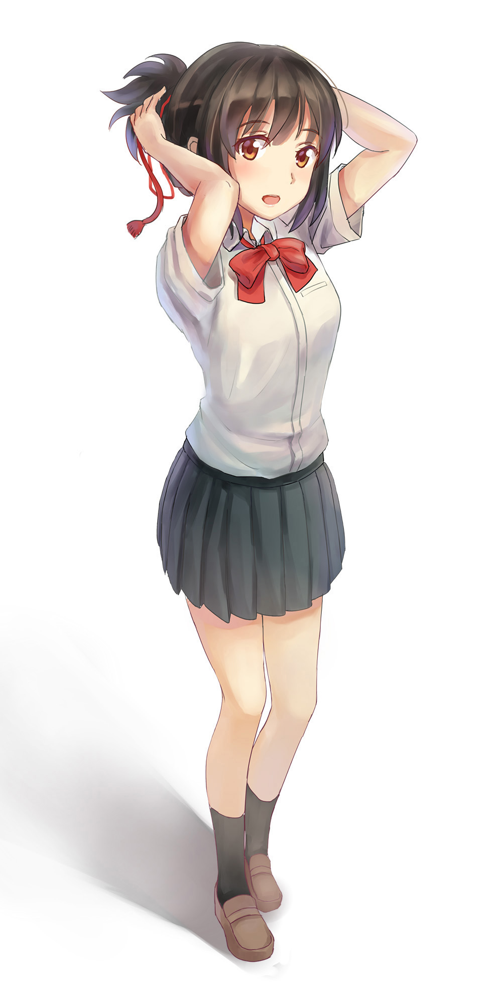 1girl adjusting_hair arms_up bangs black_hair black_skirt blush bow bowtie brown_eyes brown_shoes collared_shirt dress_shirt eyebrows_visible_through_hair full_body highres kimi_no_na_wa kneehighs loafers miyamizu_mitsuha open_mouth pleated_skirt ponytail red_bow red_bowtie red_string school_uniform shadow shirt shoes short_sleeves skirt smile solo standing string white_background white_shirt zzz_(chomic)