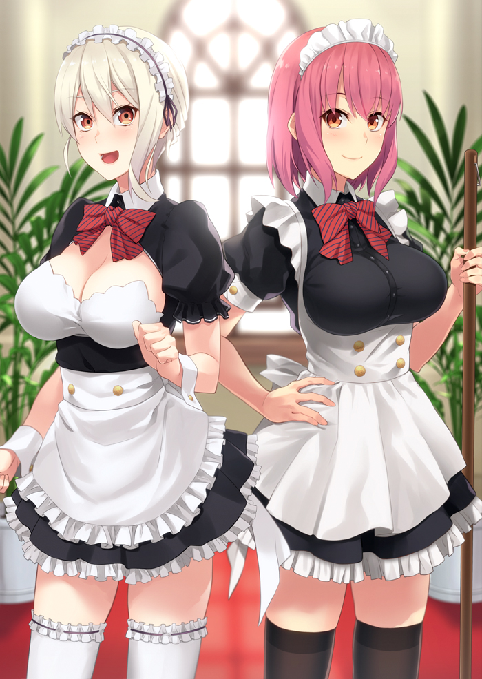 2girls :d alternate_costume apron arato_hisako backlighting black_legwear blonde_hair blurry bow bowtie breasts broom brown_eyes cleavage depth_of_field enmaided framed_breasts frilled_apron frilled_legwear frilled_sleeves frills garters hand_on_hip large_breasts long_hair looking_at_viewer maid maid_apron maid_headdress mop multiple_girls nakiri_alice open_mouth pink_hair plant potted_plant prime purple_hair red_bow red_eyes shokugeki_no_souma short_hair short_sleeves silver_hair skindentation smile standing thigh-highs underbust white_legwear window wrist_cuffs zettai_ryouiki