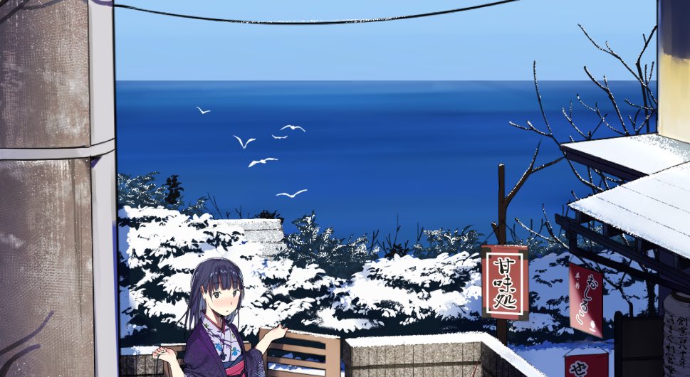 1girl bangs bare_tree bird black_hair blue_eyes blue_sky blush building dove eyebrows_visible_through_hair hands_up japanese_clothes kimono looking_at_viewer ocean original ouchikaeru outdoors sign sky snow solo tree utility_pole