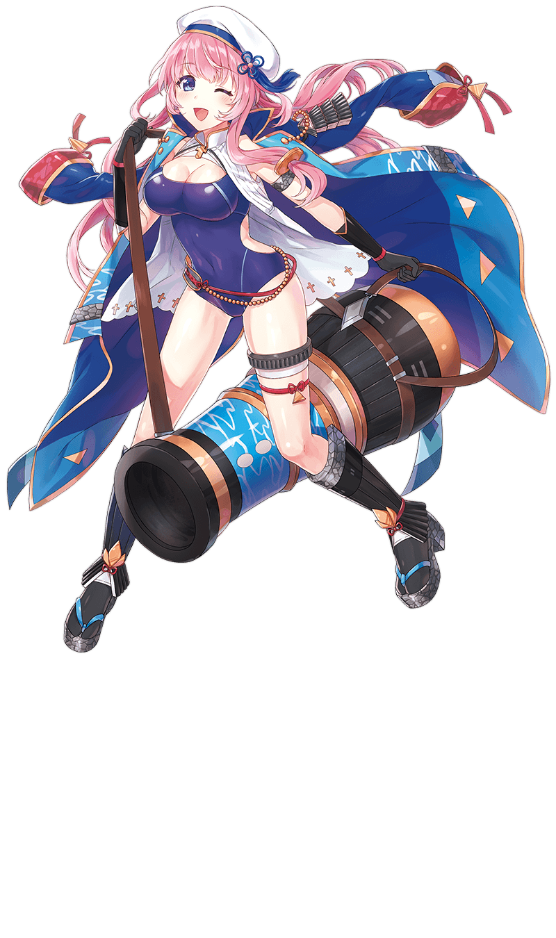 1girl arm_strap between_legs blue_swimsuit cannon floating_hair hat high_heels highres jacket jacket_over_shoulder long_hair looking_at_viewer mole mole_under_eye nakatsu_castle official_art one-piece_swimsuit one_eye_closed open_clothes open_jacket open_mouth pink_hair sandals shirohime_quest solo swimsuit thigh_strap very_long_hair