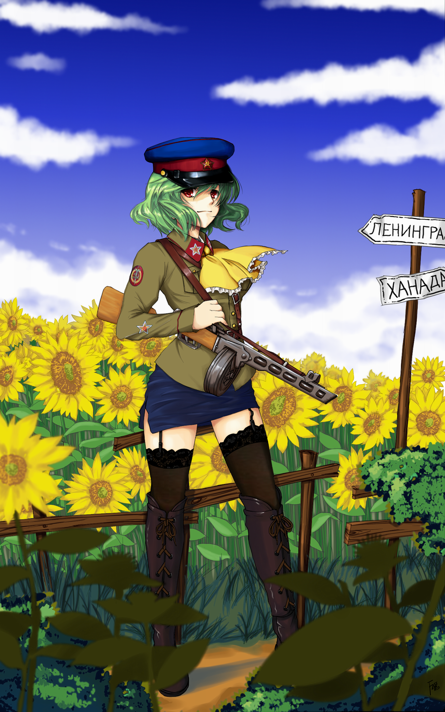 1girl alternate_costume ascot blue_skirt blue_sky blurry boots clouds commentary_request day depth_of_field flower frilled_ascot garden_of_the_sun garter_straps grass green_hair gun hat highres kazami_yuuka lace lace-trimmed_thighhighs long_sleeves looking_at_viewer military military_hat military_jacket military_uniform miniskirt path ppsh-41 red_eyes road russian sheer_legwear short_hair skirt sky solo submachine_gun sunflower thigh-highs thigh_boots thighs touhou uniform vittorio_veneto_(fayuuka) weapon wind