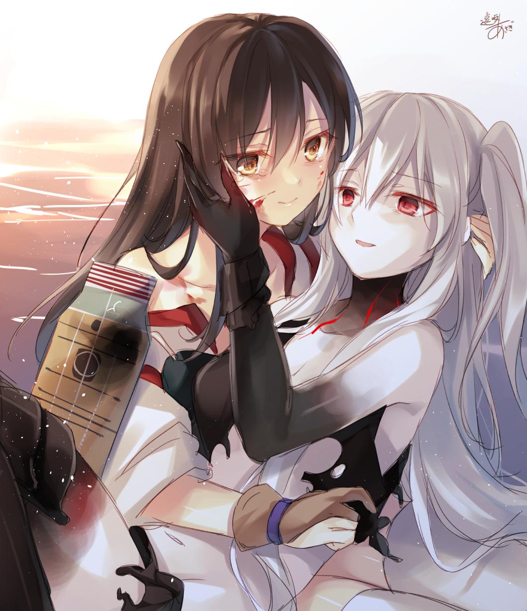 2girls aircraft_carrier_hime akagi_(kantai_collection) artist_name bangs blood brown_eyes brown_hair caress commentary cuts flight_deck hand_on_another's_cheek hand_on_another's_face hand_on_another's_head highres injury japanese_clothes jpeg_artifacts kantai_collection light_smile long_hair looking_at_another multiple_girls no_bra no_panties one_side_up open_mouth pale_skin red_eyes sad shinkaisei-kan signature silver_hair tears thigh-highs toosaka_asagi torn_clothes veins very_long_hair white_legwear white_skin yugake