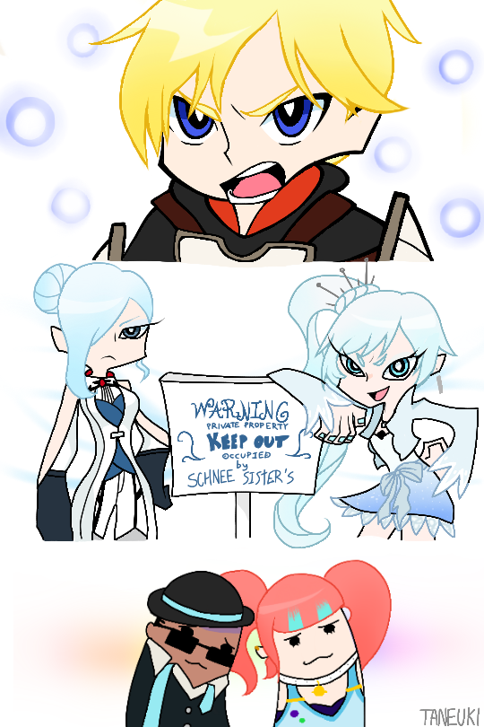 2boys 3girls flynt_coal jaune_arc multiple_boys multiple_girls neon_katt panty_&amp;_stocking_with_garterbelt parody rwby siblings sisters taneuki weiss_schnee winter_schnee