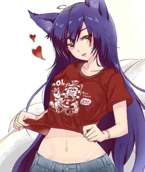 1girl ahri akira_b animal_ears breasts collarbone fox_ears fox_tail heart league_of_legends midriff multiple_tails navel shirt_lift simple_background solo tail white_background yellow_eyes