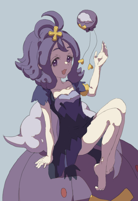 1girl :3 :d acerola_(pokemon) aircraft armlet balloon bangs bare_arms bare_legs blimp blue_background clouds dirigible dress drifblim drifloon elite_four flat_chest flipped_hair hair_ornament half_updo heart npc npc_trainer open_mouth pokemon pokemon_(creature) pokemon_(game) pokemon_sm purple_dress purple_hair short_hair simple_background sitting smile solo stitches tomason torn_clothes torn_dress torn_sleeves trial_captain