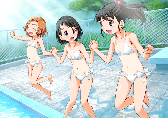 3girls :d ^_^ bangs barefoot bikini black_eyes black_hair blue_eyes bow bow_bikini breasts brown_eyes brown_hair bunny_hair_ornament chain-link_fence clenched_hand closed_eyes collarbone day eyebrows_visible_through_hair female fence fukuyama_mai girl_sandwich hair_bobbles hair_ornament hairclip hand_holding happy high_ponytail idolmaster idolmaster_cinderella_girls interlocked_fingers jumping leg_lift legs_apart legs_together light_rays long_hair looking_at_another looking_to_the_side mercy_rabbit multiple_girls nature navel one-piece_tan open_mouth outdoors outstretched_arm plant ponytail pool poolside ryuuzaki_kaoru sandwiched sasaki_chie shadow short_hair side-tie_bikini sidelocks small_breasts smile standing sunbeam sunlight swimsuit tan tanline tile_floor tiles tree water white_bikini white_bow