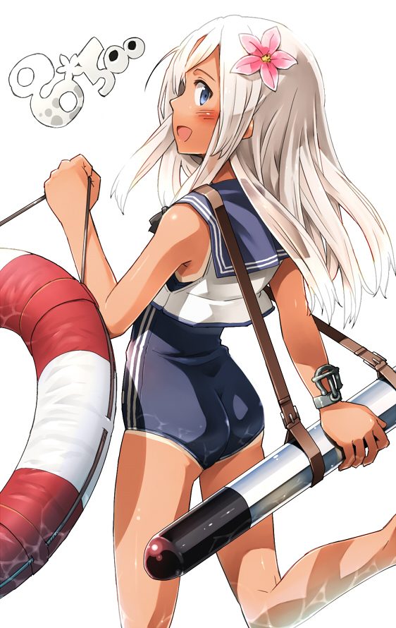 1girl ass blonde_hair blue_eyes bracelet covered_navel crop_top flower hair_flower hair_ornament jewelry kantai_collection lifebuoy long_hair looking_back one-piece_swimsuit one-piece_tan ro-500_(kantai_collection) sailor_collar sakura_(medilore) school_swimsuit solo swimsuit swimsuit_under_clothes tan tanline torpedo