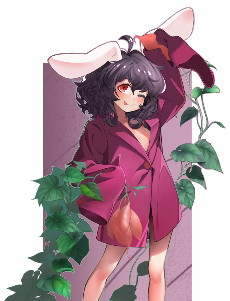 1girl ;p ahoge animal_ears bangs black_hair buttons collarbone cowboy_shot eyebrows_visible_through_hair flat_chest food holding holding_food inaba_tewi legs_apart long_sleeves looking_at_viewer naked_shirt one_eye_closed plant purple_shirt rabbit_ears radish redhead shirt short_hair sleeves_past_wrists smile solo tanuk tongue tongue_out touhou vegetable