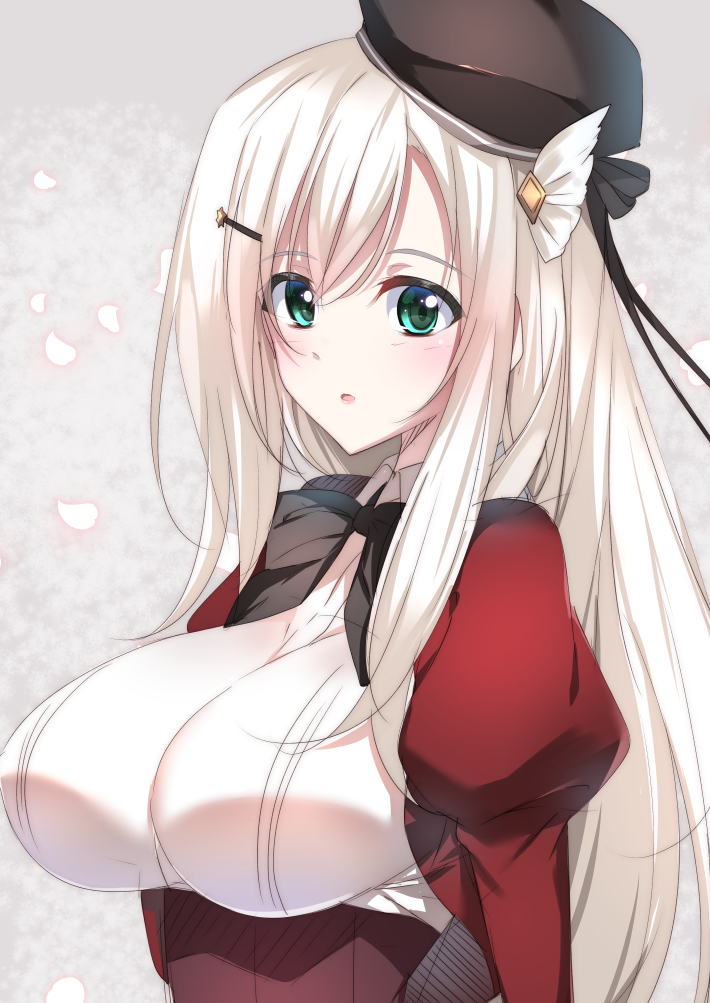 1girl blonde_hair blush breasts green_eyes hair_ornament hairclip haruoto_alice_gram hat kanzaki_erisa large_breasts long_hair looking_at_viewer medium_breasts minamon_(vittel221) parted_lips petals solo upper_body