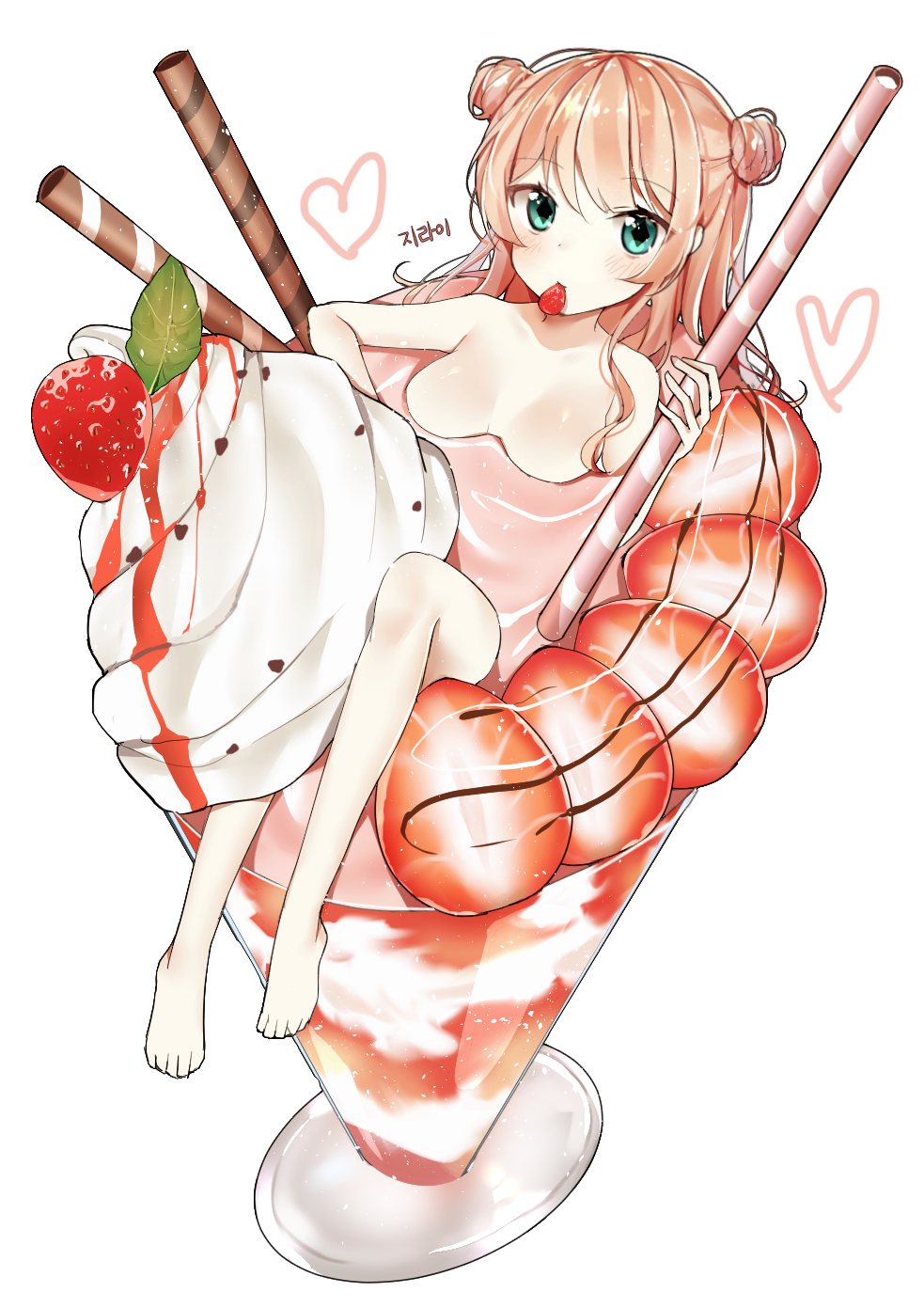 1girl bangs barefoot blonde_hair breasts curly_hair double_bun eyebrows_visible_through_hair female food fruit full_body green_eyes heart highres korean kurutsu legs long_hair looking_at_viewer medium_breasts minigirl mouth_hold nude original parfait partially_submerged plant simple_background solo strawberry toes wafer_stick whipped_cream white_background