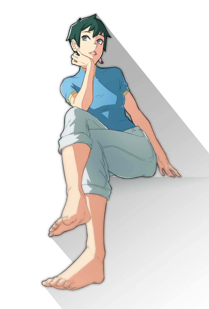 1girl barefoot blue_eyes capri_pants feet highres imdsound legs_crossed original pants short_hair sitting soles solo