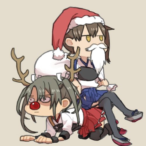 2girls all_fours animal_costume antlers blue_skirt brown_background brown_eyes brown_hair christmas closed_mouth fake_beard green_hair hair_ribbon hakama_skirt hat holding holding_bag japanese_clothes jitome kaga_(kantai_collection) kantai_collection legs_crossed long_hair looking_to_the_side lowres multiple_girls muneate o_o red_nose red_skirt ree_(re-19) reindeer_antlers reindeer_costume ribbon sack santa_costume santa_hat side_ponytail simple_background sitting sitting_on_person skirt tasuki thigh-highs twintails white_ribbon zuikaku_(kantai_collection)