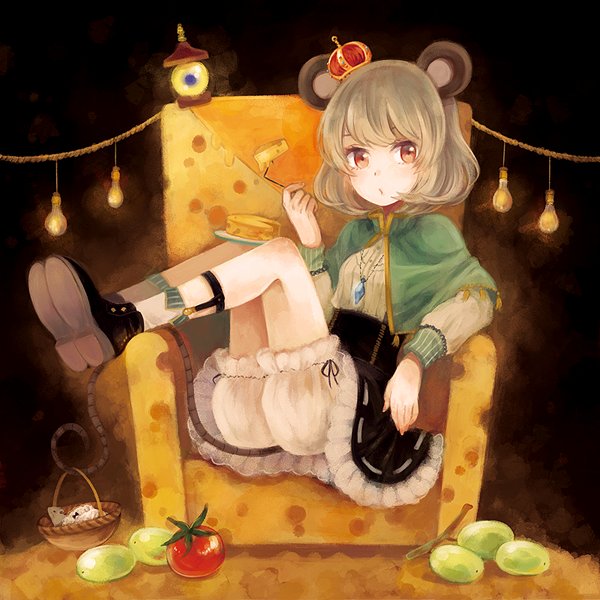 1girl animal_ears basket bishamonten's_pagoda black_shoes black_skirt bloomers capelet cheese cheese_wheel crown dark_background dowsing_rod food frilled_skirt frills fruit grapes grey_hair jewelry knees_up light_bulb long_sleeves looking_at_viewer mini_crown miniskirt mouse mouse_ears mouse_girl mouse_tail mozukuzu_(manukedori) nazrin pendant petticoat plate red_eyes ribbon-trimmed_skirt shoes short_hair skirt slouching solo suspender_skirt suspenders tail throne tomato touhou underwear