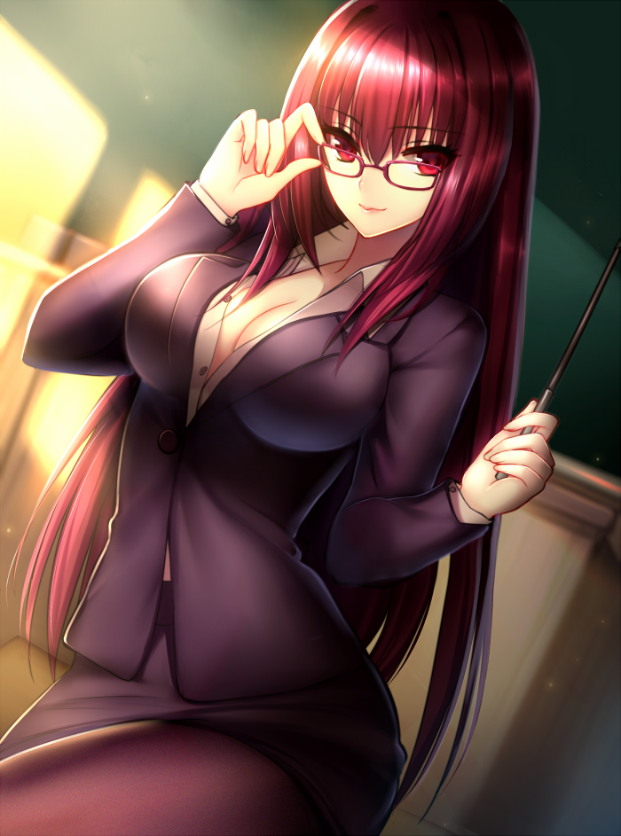 1girl alternate_costume black_legwear breasts classroom cleavage fate/grand_order fate_(series) formal glasses large_breasts long_hair looking_at_viewer meaomao pantyhose pencil_skirt pointer purple_hair red_eyes redhead scathach_(fate/grand_order) skirt skirt_suit smile solo suit teacher very_long_hair