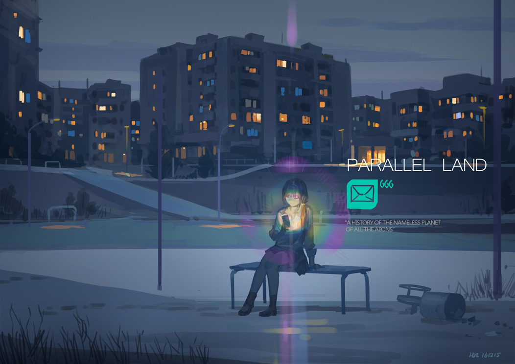 1girl building cellphone city city_lights english glasses glowing hjl knees_together_feet_apart lamppost long_sleeves night original outdoors phone shirt side_ponytail sketch skirt snow socks solo text using_phone