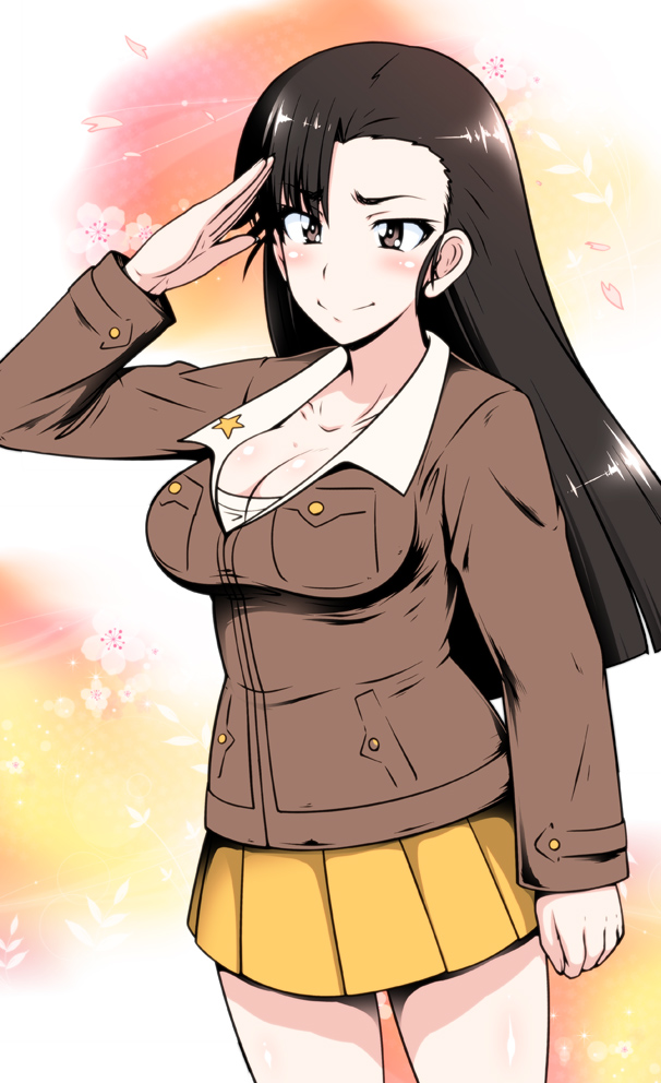 1girl a-teru_haito asymmetrical_bangs bangs breasts brown_eyes brown_hair cleavage girls_und_panzer large_breasts nishi_kinuyo salute skirt solo thighs