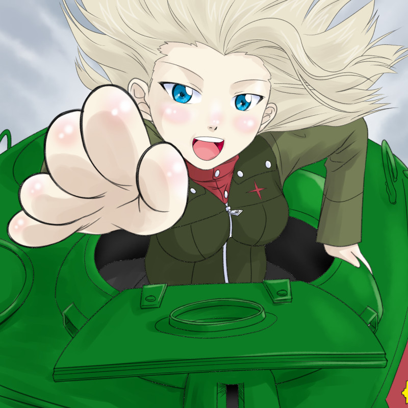 1girl blue_eyes blush breasts clara_(girls_und_panzer) girls_und_panzer hatch large_breasts long_hair open_mouth outstretched_arm ringofriend solo tank_turret wind wind_lift