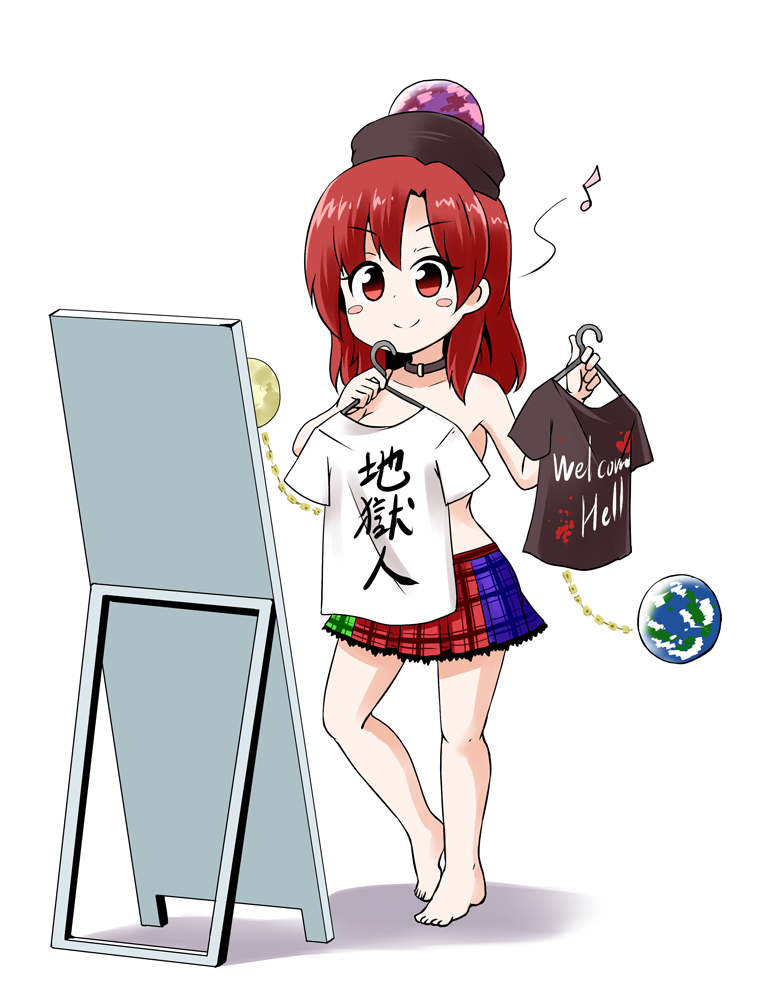 1girl bare_legs barefoot blush_stickers breasts chibi chocker choker clothes_writing contrapposto dressing earth_(ornament) hecatia_lapislazuli kousei_(public_planet) medium_breasts miniskirt mirror moon_(ornament) multicolored_skirt musical_note plaid plaid_skirt polos_crown quaver red_eyes redhead shirt shirt_removed simple_background skirt smile solo spoken_musical_note standing t-shirt topless touhou you_work_you_lose