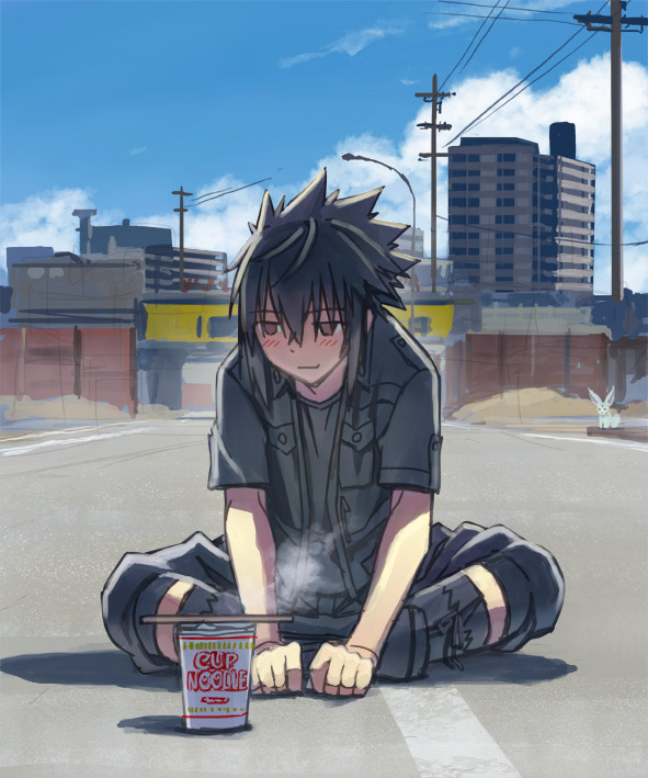 1boy black_hair black_jacket blue_sky blush boots chopsticks decoponmagi final_fantasy final_fantasy_xv indian_style jacket noctis_lucis_caelum ramen road sitting sky smile solo spiky_hair steam street