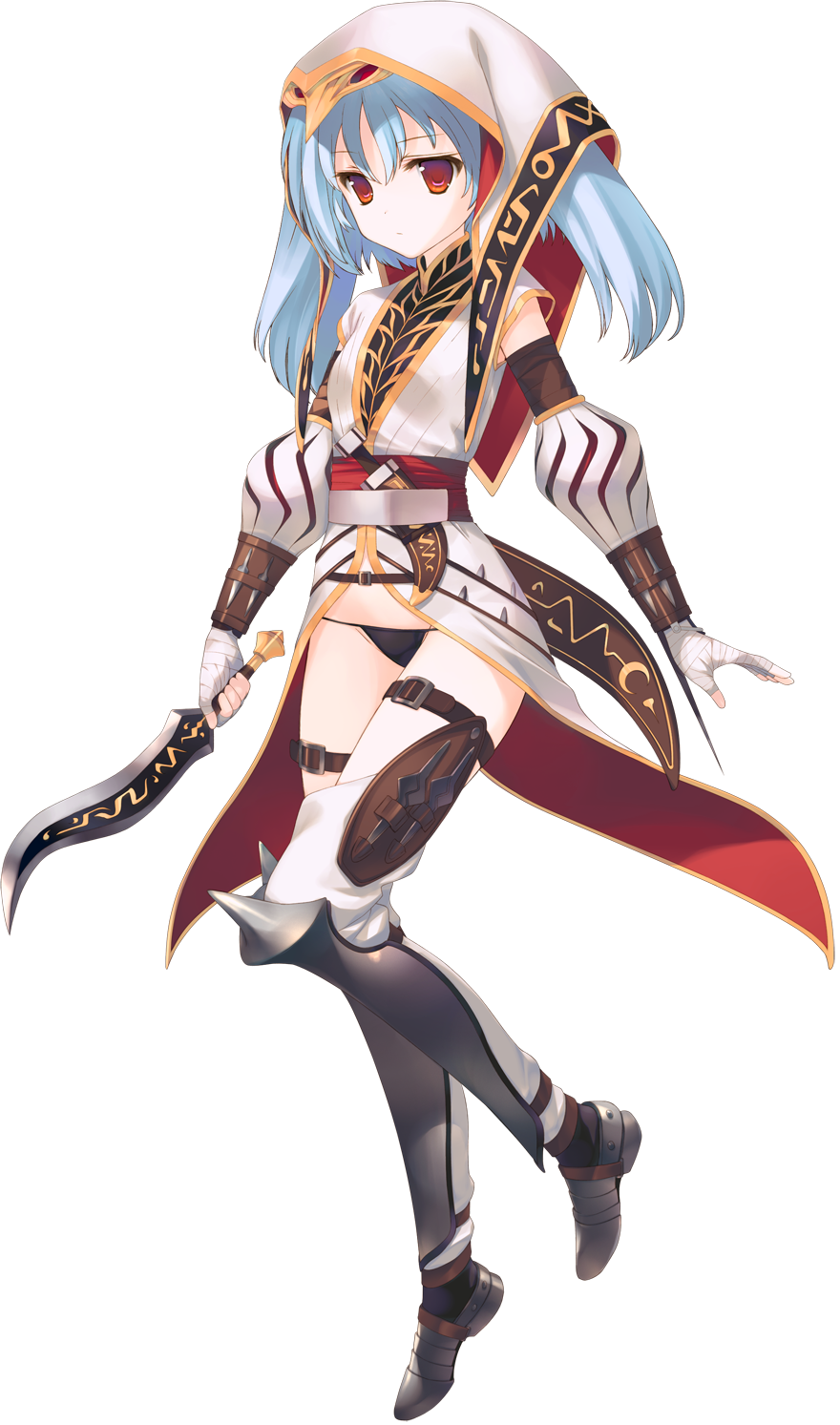 1girl aquaplus armor armored_boots blue_hair boots bou dungeon_travelers_2 expressionless flat_chest full_body highres holding holding_knife knife official_art red_eyes transparent_background tsurara_(dungeon_travelers_2) weapon