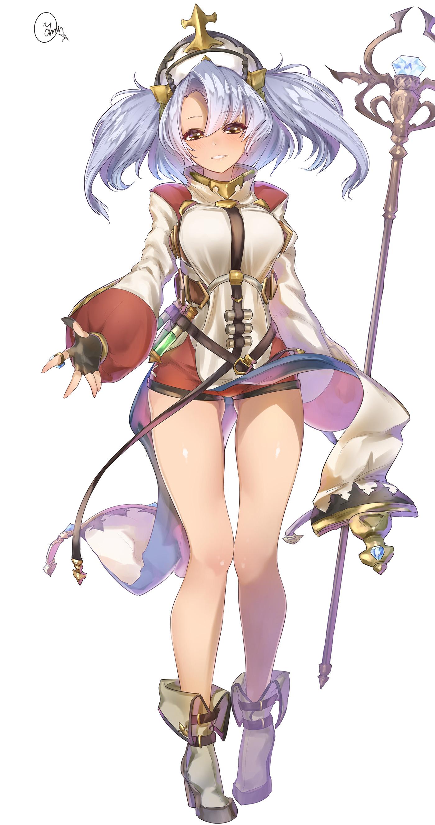 1girl absurdres artist_name bare_legs blush boots breasts brown_eyes fingerless_gloves full_body gloves gluteal_fold granblue_fantasy grin half-closed_eyes hat high_heels highres holding holding_staff large_breasts legs long_hair long_sleeves looking_at_viewer parted_lips shiny shiny_skin signature silver_hair simple_background smile solo sophia_(granblue_fantasy) staff teeth thighs twintails wand white_background yaman_(yamanta_lov)