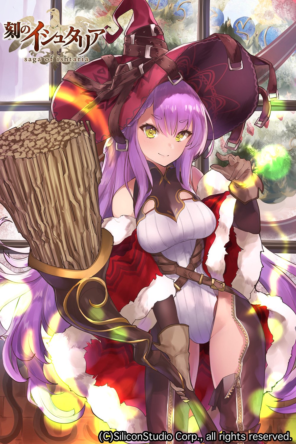1girl age_of_ishtaria bangs befana_(ishtaria) belt breasts broom brown_gloves contrapposto copyright_name dress eyebrows_visible_through_hair fur_trim gloves hat highres hips holding holding_broom holding_staff large_breasts leotard long_hair looking_at_viewer official_art purple_hair red_dress ribbed_leotard smile solo staff standing star star-shaped_pupils symbol-shaped_pupils thick_eyebrows thighs unzipped very_long_hair watermark white_leotard window witch witch_hat yaman_(yamanta_lov) yellow_eyes zipper